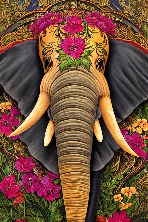 Image similar to Painted dark-wood panel relief carving of a close up of a Flowerpunk Matriarch Elephant, ornate border frame, explosion of colorful flowers, dark wood, intricately carved, black ink, festival of rich colors, intricate details, cinematic lighting, volumetric lighting, post-processing, art nouveau, by andreas rocha and john howe, and Martin Johnson Heade, featured on artstation, featured on behance, golden ratio, hyper detailed, photorealistic, epic composition, center spotlight, f32, well composed, symmetrical, UE5, 8k