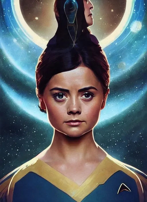 Image similar to jenna coleman as a star trek captain, a still from star trek painted by artgerm and greg rutkowski and alphonse mucha. clear highly detailed face, beautiful sci fi art