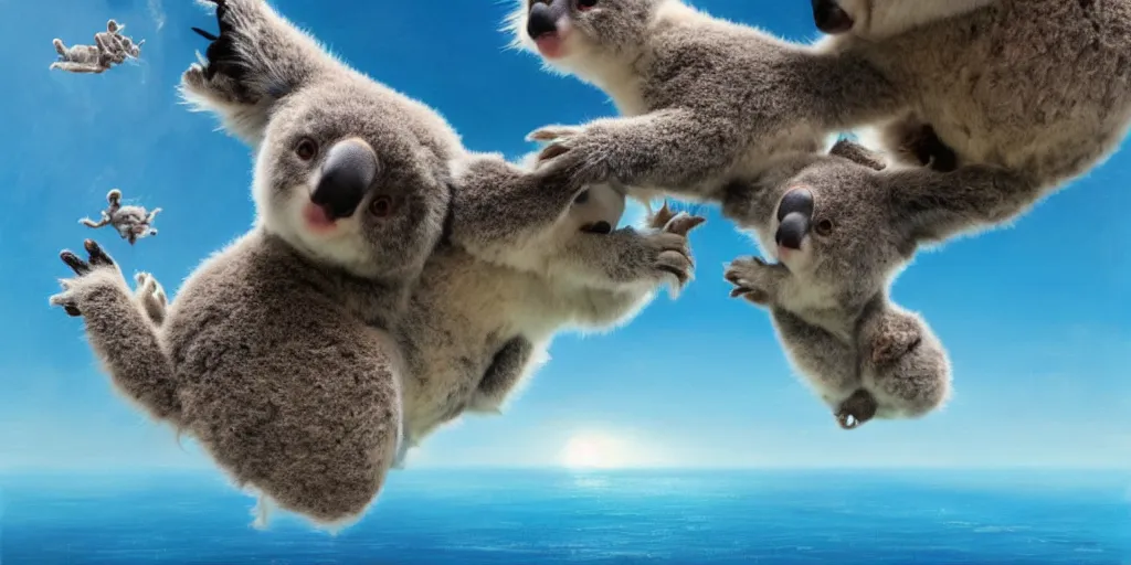 Prompt: Floating evil koalas over a blue ocean, Darek Zabrocki, Karlkka, Jayison Devadas, Phuoc Quan, trending on Artstation, 8K, ultra wide angle, pincushion lens effect.