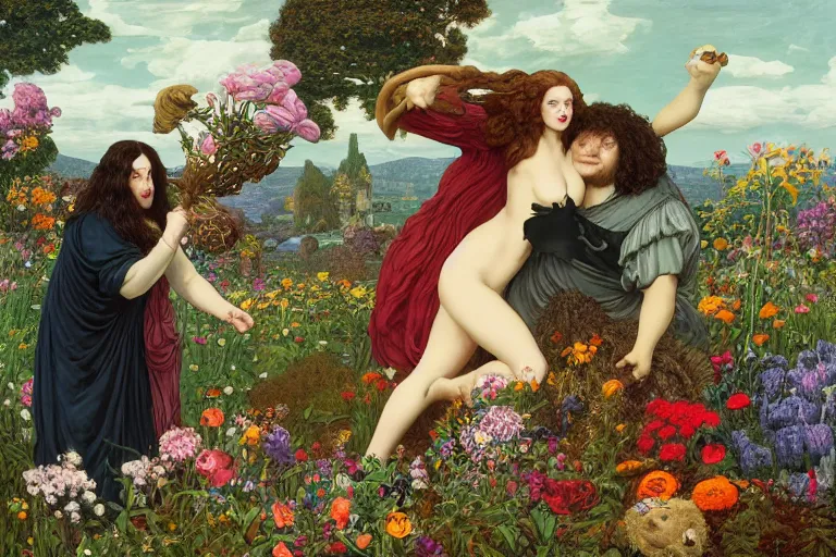 Prompt: hagrid the viking and morticia addams frolicking in a field of various flowers, fairy garden, masterpiece, highly detailed, oil on canvas, art by kilian eng and frederic leighton and rosetti
