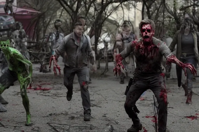 Image similar to film still of zombie zombie Hawkeye as a zombie in new avengers movie, 4k