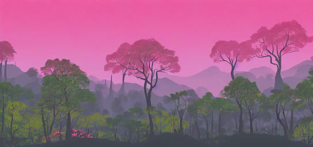 Image similar to a forested landscape, large hanging tree canopies, pink light on the horizon, mountains, vast foliage, by eyvind earle, volumetric lighting, flat color