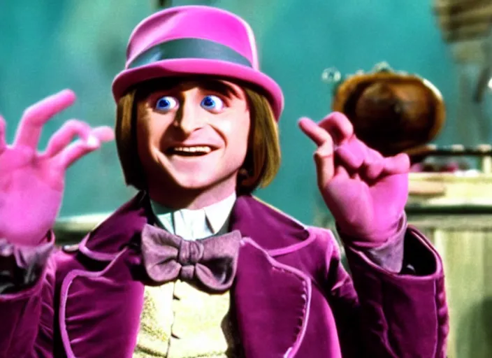 Image similar to film still of Daniel Radcliffe as Willy Wonka in Willy Wonka and the Chocolate Factory 1971