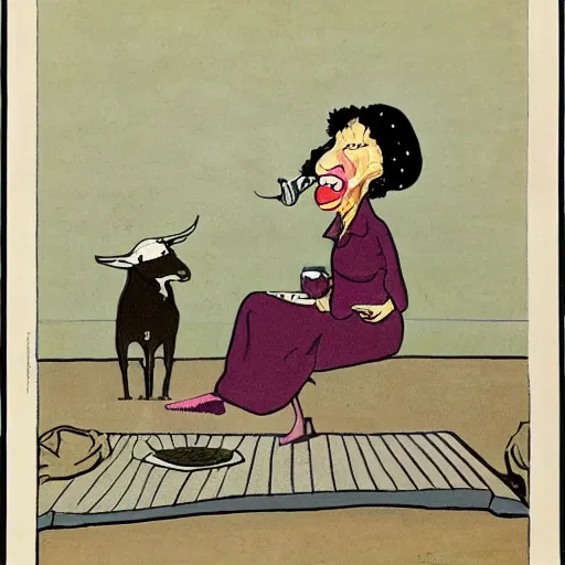 Prompt: a surrealist cartoon image of an old woman swallowing a whole goat