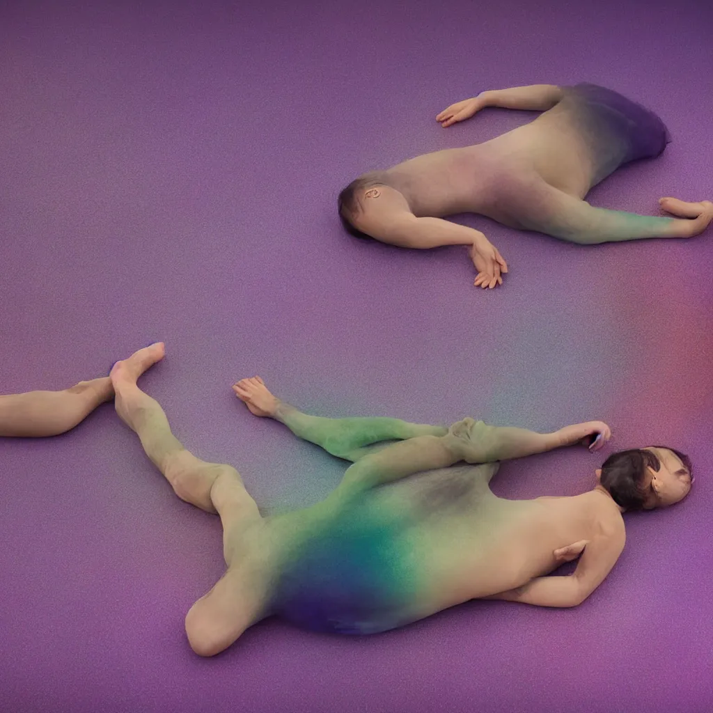 Image similar to cinestill of glitch iridiscent oil slick corpses connected by tubes to wax technical forms to a buried baby relaxing on yoga mat, faded, iridiscent gradient, purple fog, depth of field, blur, very detailed, by nadav kander and hans bellmer, 8 k, ultrarealistic, sad atmosphere, cinematic, 8 5 mm lens