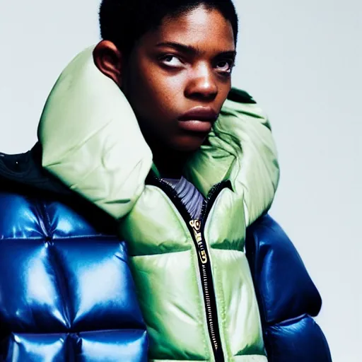 Image similar to realistic photoshooting for a new balenciaga lookbook color film photography close up portrait of a beautiful woman model, model wears a puffer jacket, photo in style of tyler mitchell, ssense