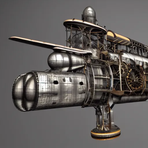 Image similar to front half of airplane cross section, with mechanical gyroscopes and steampunk, seen from behind, a steamtrain smashes into the back of it, vray maya 3D render still, hyperrealistic detailed