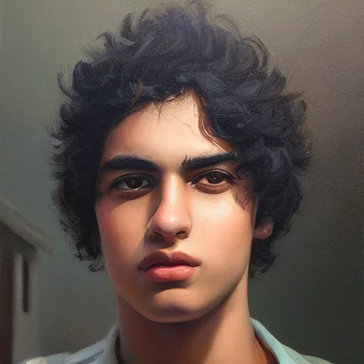 Image similar to oil painting by ilya kuvshinov,, baugh casey, rhads, coby whitmore, of a youthful persian - indian college student, male, curly black hair, outdoors, highly detailed, breathtaking face, studio photography, dawn, intense subsurface scattering, blush, supple look, innocence, intense sunlight