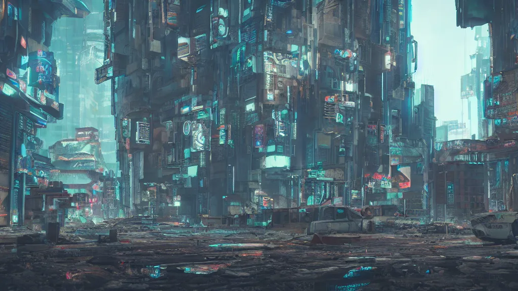 Image similar to exploring an abandoned, cyberpunk city, made in blender, octane render, cinematic, volumetric lighting, futuristic,, hyperrealistic, highly detailed, colourful 4 k hd