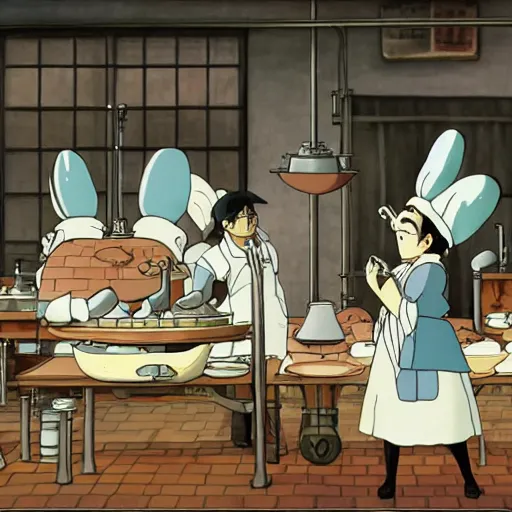 Prompt: A dimly lit laboratory with pigs cooking wearing cook aprons and kings crowns, art by Hayao Miyazaki, art by Studio Ghibli, anime style