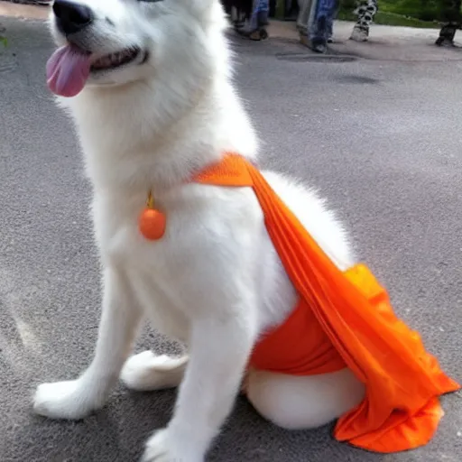 Prompt: a photo of a white husky dog wearing and orange saree