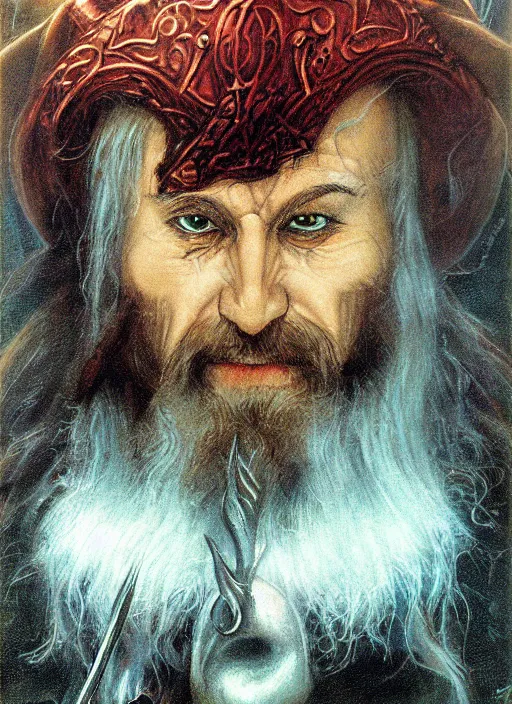 Image similar to portrait of dwarf sorcerer, beautiful! coherent! dungeons and dragons character, by brian froud, larry elmore, gerald brom, ralph horsley, wayne reynolds, strong line, deep color, chainmail, short red hair, high contrast