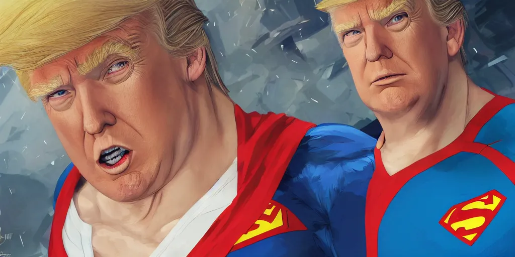 Image similar to donald trump as superman, studio portrait, detailed face close - up, art by makoto shinkai, studio ghibli, greg rutkowski, wlop, artgerm, highly detailed, 4 k, digital art, high quality