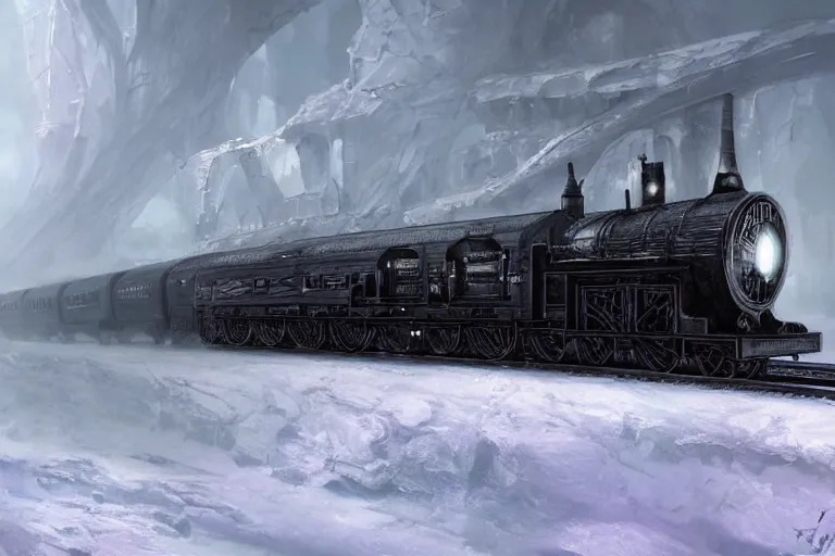 Prompt: willy wonka's grand intricate futuristic black steam train, post - apocalyptic ice landscape in snowstorm, concept art, artstation, highly detailed, digital art