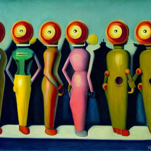 Image similar to robots queue up for cupcakes, grant wood, pj crook, edward hopper, oil on canvas