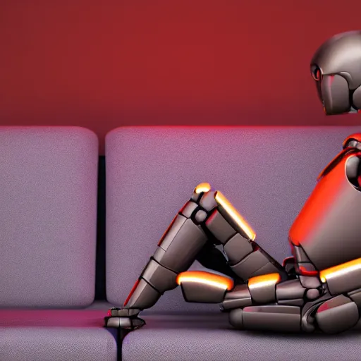 Image similar to futuristic lonely matte brown and red full-body humanoid robot with two huge round expressive sad purple glowing LED eyes and open rectangular mouth sitting on a large comfortable cushioned 1950s vintage recliner reading a newspaper. open newspaper. Cinematic Movie Photograph, Arri Alexa, Extremely Detailed, smooth, very very clean, 8K, octane render, maya render, unreal engine, trending on artstation, DSLR, excellent composition, center frame