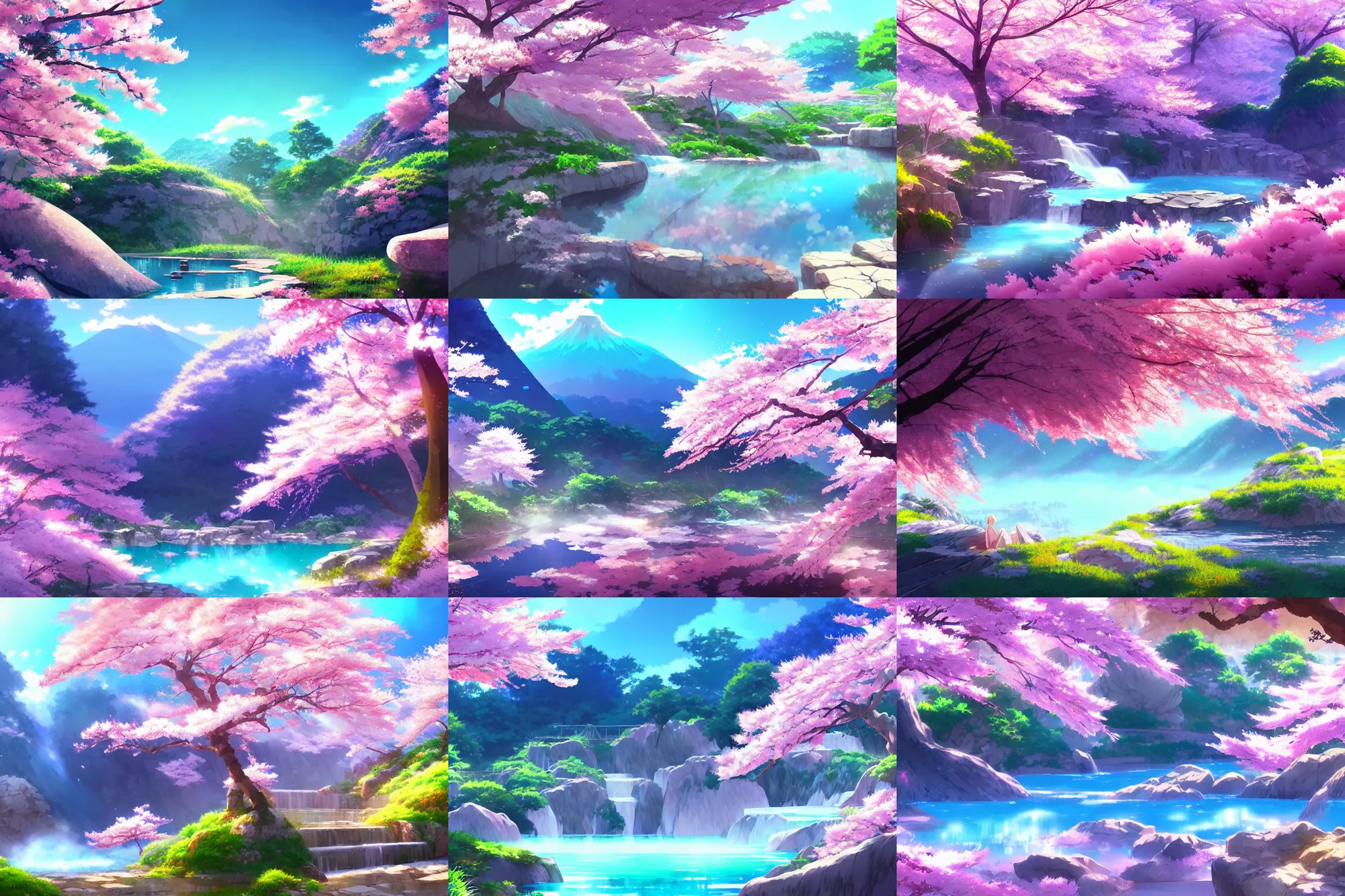 Prompt: a natural mountain hotspring, colorful anime movie background, key visual, bamboo, cherry blossom tree, a fantasy digital painting by makoto shinkai and james gurney, trending on artstation, highly detailed