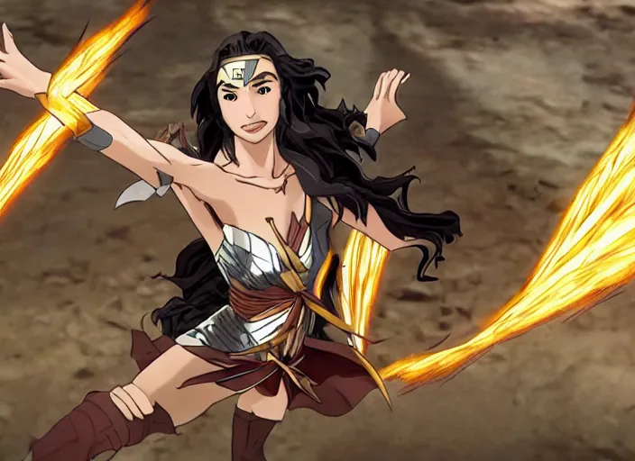 Prompt: gal gadot flying screenshot from demon slayer 鬼滅の刃 anime gal gadot