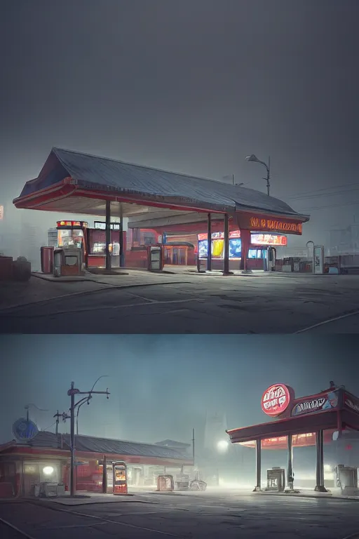 Image similar to a highly detailed matte painting of a single gas station with a sign in the fog by studio ghibli, makoto shinkai, by artgerm, by wlop, by greg rutkowski, volumetric lighting, octane render, 4 k resolution, trending on artstation, masterpiece