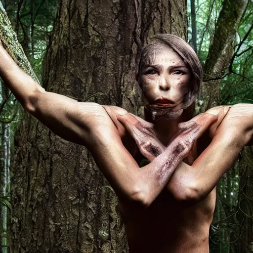 Image similar to closeup photo of human partially mutating into an anthropomorphic insect, in the forest. physiological transformation ; hybrid creature. highly - detailed ; photorealistic.