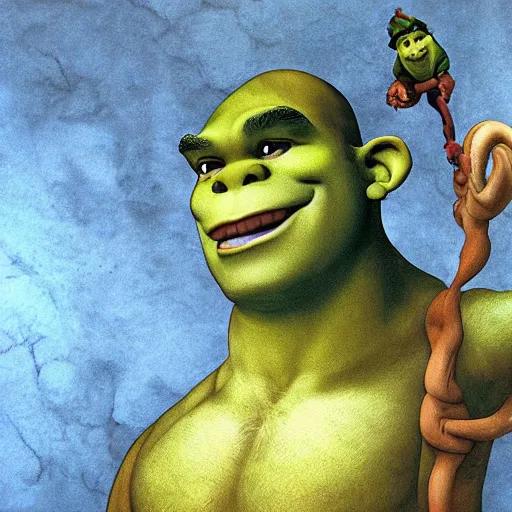 Image similar to Michelangelo painting of Shrek, from the Pixar movie Shrek