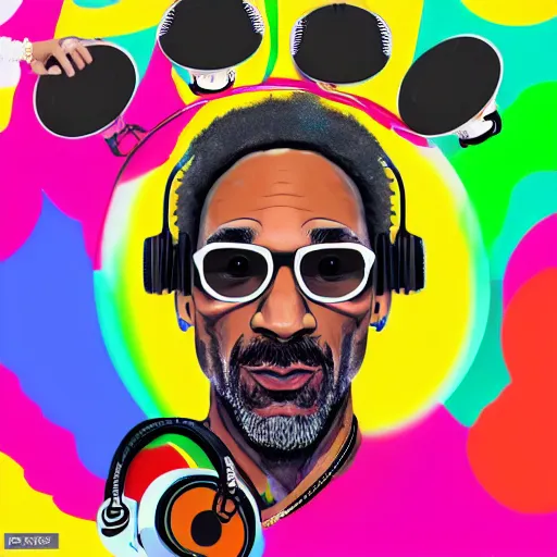 Image similar to svg sticker of a Dancing-Ben-Harper-Snoop-Spike-Lee-with-a-large-Afro-Puff, at a rave, spinning records, giant headphones rocking out, wearing headphones, huge speakers, dancing, rave, DJ, spinning records, digital art, amazing composition, rule-of-thirds, award-winning, trending on artstation, featured on deviantart