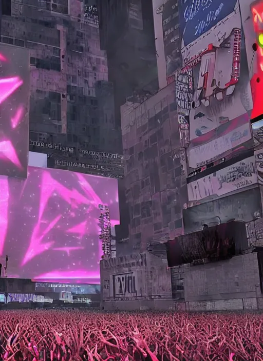 Image similar to pink floyd playing the wall live in a post apocalyptic times square, laser show, realistic, cinematic, 3d render, post produced