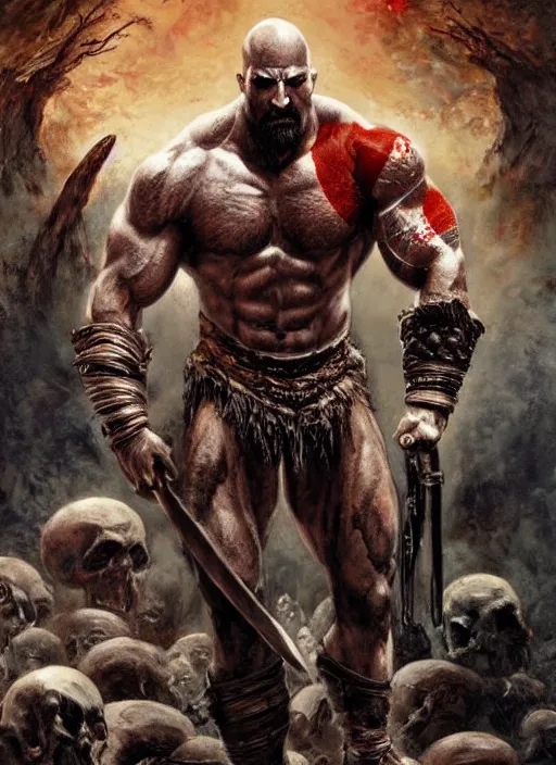 Image similar to a highly detailed beautiful portrait of dwayne johnson kratos hybrid god of war fighting zombies on a pile of human skulls, spartan warrior, olympian god, muscular!, frank frazetta, boris vallejo, octane, fantasy