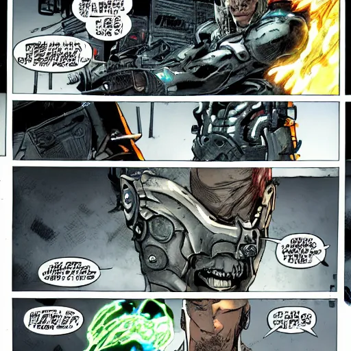 Image similar to cyborg from metal gear rising : revengeance, vintage comic, grimdark