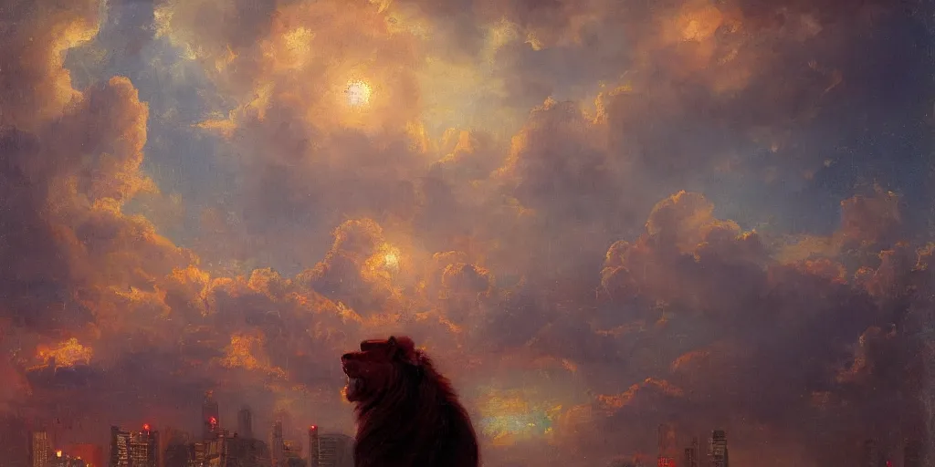 Image similar to painting of Singapore city with a lion-shaped cloud in the sky and fireworks in the sky, red and white lighting by Solomon Joseph Solomon and Richard Schmid and Jeremy Lipking victorian genre painting full length portrait