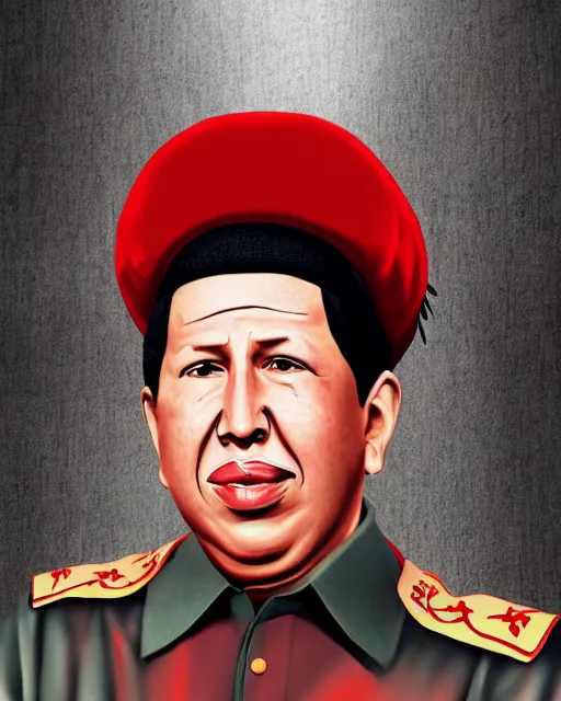 Prompt: Digital presidential anime art of Hugo Chavez by A-1 studios, serious expression, empty warehouse background, highly detailed, spotlight