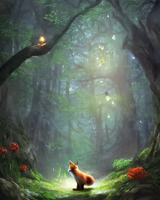 Prompt: Fox playing Flute in magical forest, portrait, wearing hat, magical notes, fairy atmosphere, magic the gathering artwork, D&D, fantasy, cinematic lighting, centered, symmetrical, highly detailed, digital painting, artstation, concept art, smooth, sharp focus, illustration, volumetric lighting, epic Composition, 8k, art by Akihiko Yoshida and Greg Rutkowski and Craig Mullins, oil painting, cgsociety