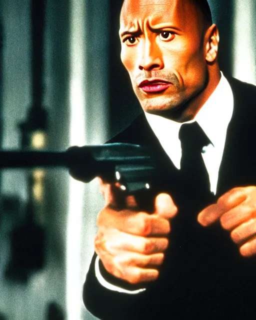 Prompt: Film still close-up shot of Dwayne Johnson as James Bond from the movie Goldeneye. Photographic, photography