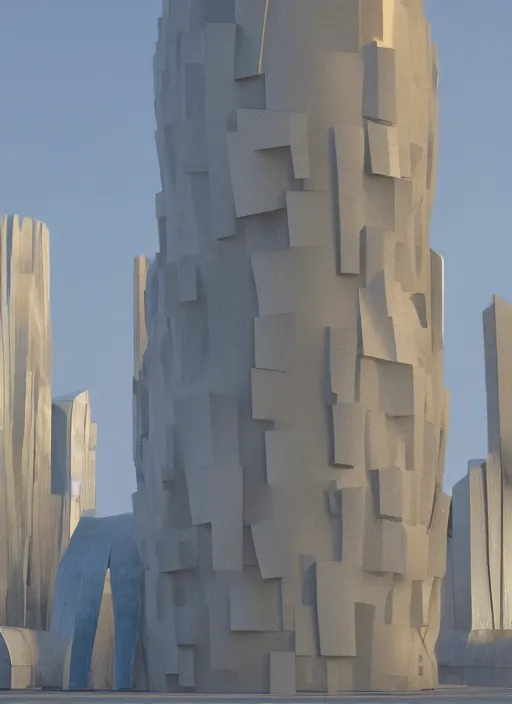 Image similar to highly detailed realistic architecture 3 d render of a futurisctic stele column monument made from spheres in frank gehry style standing near a highway, archdaily, made in unreal engine 4 octane render