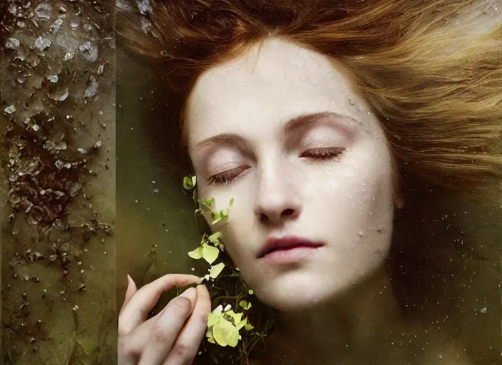 Prompt: Kodak Portra 400, 8K, soft light, volumetric lighting, highly detailed, britt marling style 3/4 by Martin Stranka , portrait photography of a beautiful woman how pre-Raphaelites with her eyes closed,inspired by Ophelia by Martin Stranka, the face emerges from water of Pamukkale, underwater face, anatomical real full body dressed ethereal lace dress floating in water surface , the hair are intricate with highly detailed realistic beautiful brunches and flowers like crown, Realistic, Refined, Highly Detailed, soft blur background, outdoor soft pastel lighting colors scheme, outdoor fine art photography, Hyper realistic, photo realistic