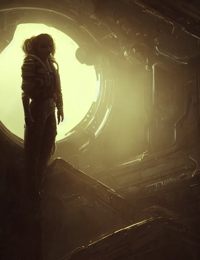 Image similar to a young woman studying from alien isolation concept art, art by ryo shiotani and greg rutkowski, intricate, beautiful, cute, cinematic lighting, vintage art by serge ivanoff, high resolution, very detailed