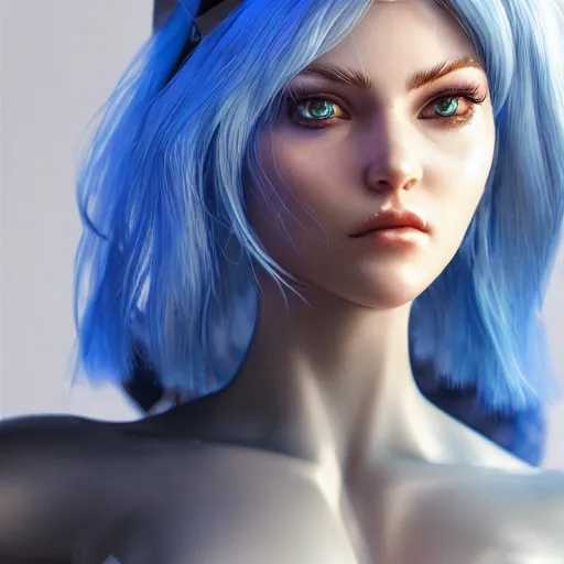 Image similar to a beautiful woman with blue hair wearing robot suit with wires and light, highly detailed, photorealistic, artstation, smooth