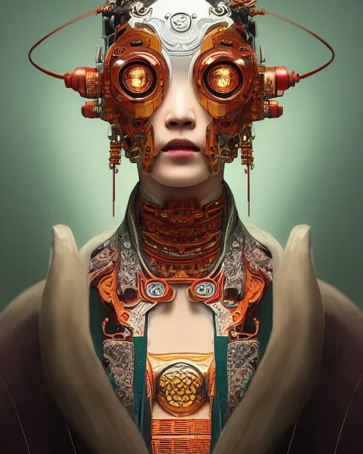 Image similar to portrait of a cyberpunk machine, machine face, upper half portrait, decorated with chinese opera motifs, asian, fine china, wuxia, traditional chinese art, intricate, elegant, highly detailed, symmetry, headpiece, digital painting, artstation concept art smooth sharp focus, illustration, art by artgerm and greg rutkowski alphonse mucha 8 k