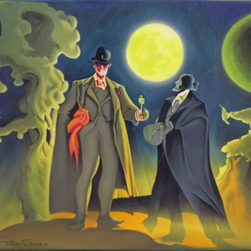 Prompt: batman and sherlock holmes discover a portal to another universe within the luxembourg gardens in paris. a magical moon glows in the sky. oil painting in the style of thomas hart benton. cosmic vibes.