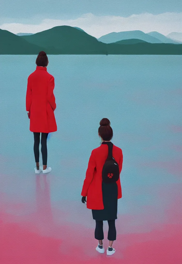 Image similar to wide shot rear view holding dslr camera photographer woman hair in a bun kanzashi long red pattern coat backpack sneakers looking out over a placid lake, a character design painting, in the style of wes anderson, lola dupre, david hockney, isolated on negative white space background dark monochrome neon fluorescent spraypaint accents volumetric octane render, no double