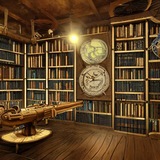 Image similar to steampunk oceanographer study, maps crowding the walls, bookshelves, paintings of ocean topography, sonar equipment, marine biologist lab, bookshelves, incandescent lighting, unreal engine, bibliopunk