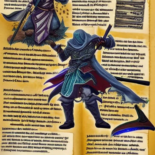 Prompt: page from the Dnd manual that shows a new Spellcaster class that uses many weapons to cast spells