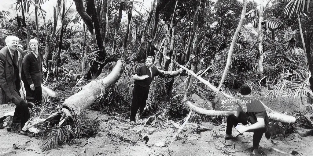 Prompt: david attenborough interviewing men cutting down extremely large kauri trees. great barrier island, new zealand. 1 9 5 0 s tv show. beach with large boulders in background. nikau palms.