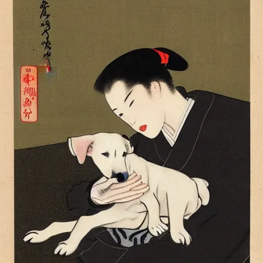 Image similar to tired white pitbull puppy curled up on a japanese man's lap, vintage, art by utamaro