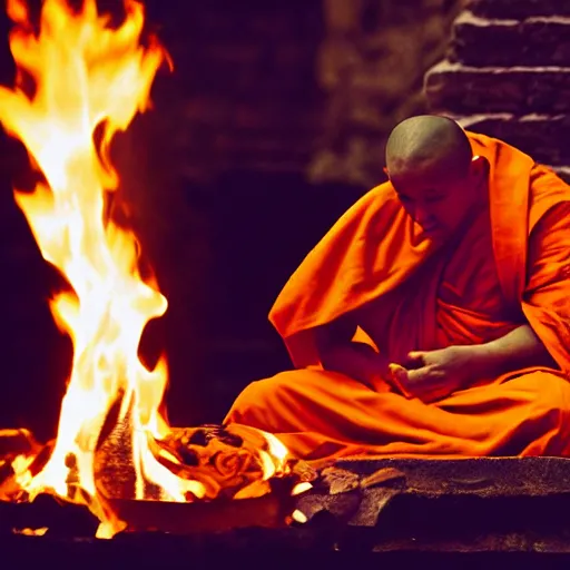 Prompt: a monk sitting while is burning and suffering