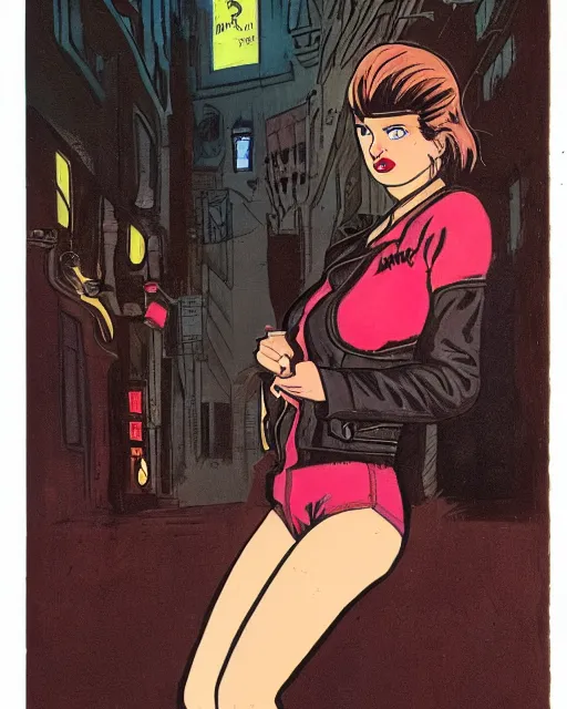 Image similar to young female protagonist in leather jacket, city street, artwork by ralph bakshi