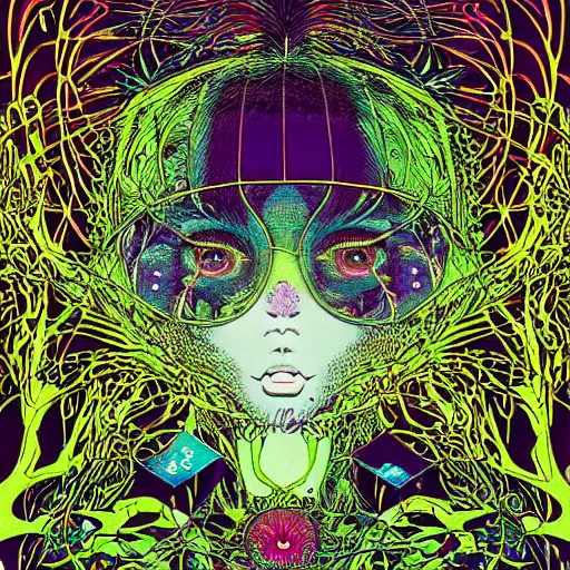 Image similar to A beautiful composition of a psychedelic glowing spirit animal psychonaut floating above a hedge maze, DMT, rich details full of texture, realistic eyes, artwork by Satoshi Kon and Yoshitaka Amano and Moebius,