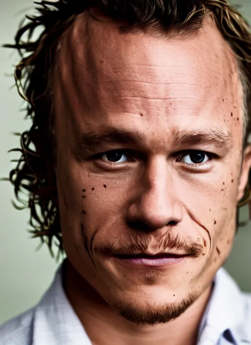 Image similar to DSLR photo portrait still of 43 year old age 43 Heath Ledger at age 43!!!, 85mm f1.8