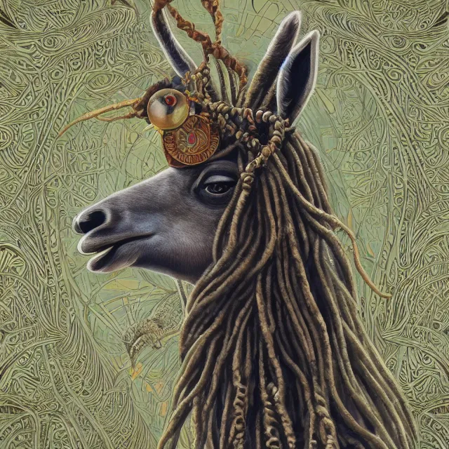 Image similar to llama with dreadlocks, art deco design, by Mandy Jurgens, Ernst Haeckel, James Jean