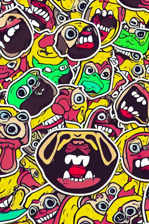 Image similar to Evil pug, the devil, sticker, blood thirsty, spawn of Satan, blood, evil, colorful, illustration, highly detailed, simple, smooth and clean vector curves, no jagged lines, vector art, smooth